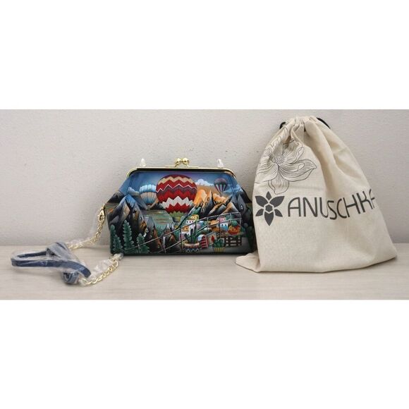 Anuschka Hot Air Balloon Hand-Painted Leather Kiss Lock Clutch Crossbody Bag - Picture 1 of 11